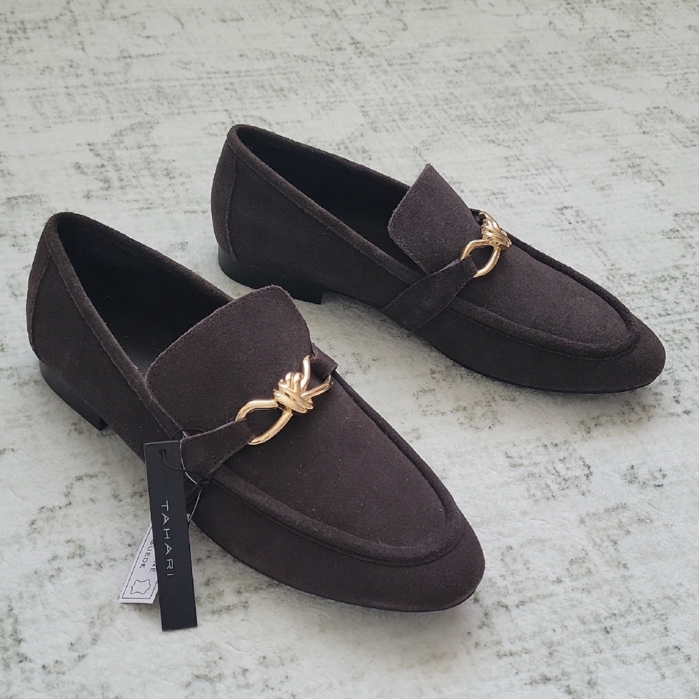Tahari Dark Brown Loafers with Gold Accent - Picture 3 of 11